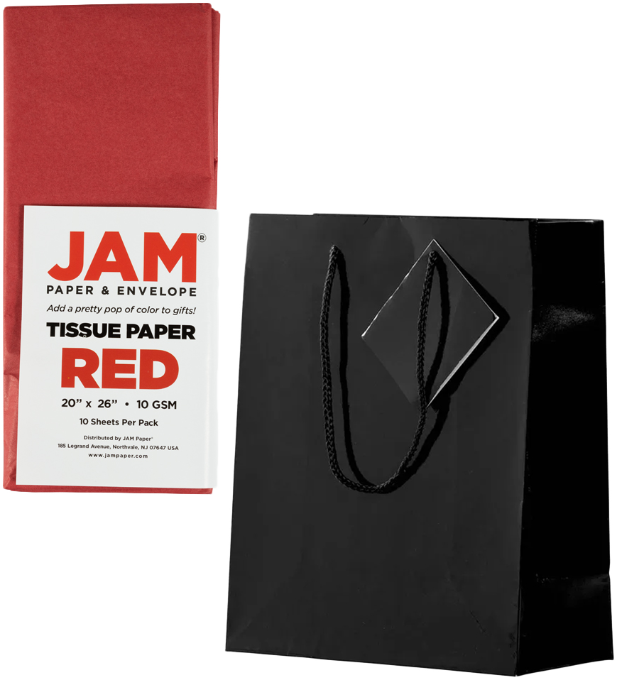 Black/Red Medium Glossy Gift Bags (8 x 10 x 4) (3 Pack) with Tissue Paper (10 Pack)