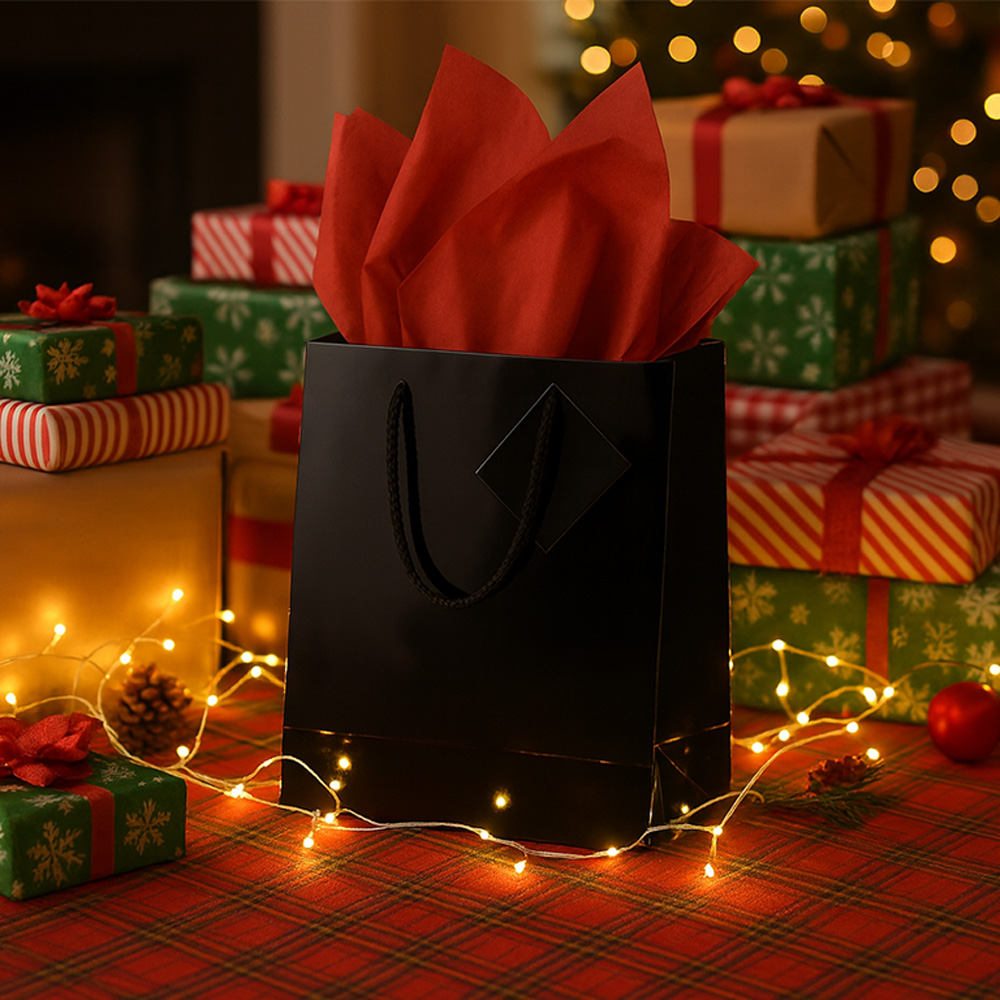 Black/Red Medium Glossy Gift Bags (8 x 10 x 4) (3 Pack) with Tissue Paper (10 Pack)