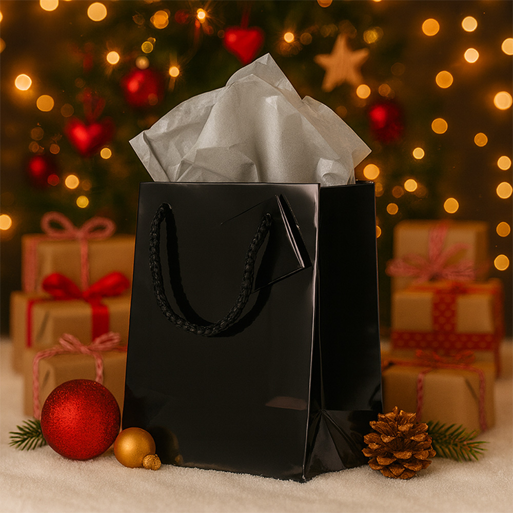 Black/Gray Medium Glossy Gift Bags (8 x 10 x 4) (3 Pack) with Tissue Paper (10 Pack)