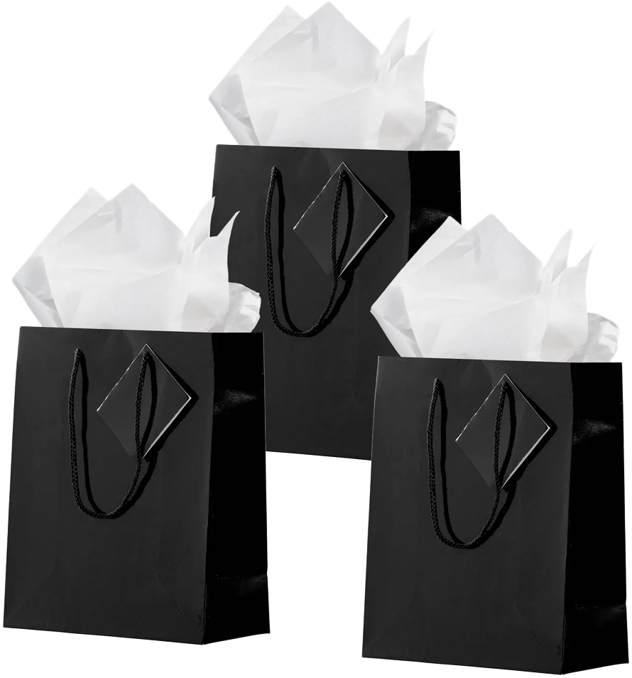 Black/White Medium Glossy Gift Bags (8 x 10 x 4) (3 Pack) with Tissue Paper (10 Pack)