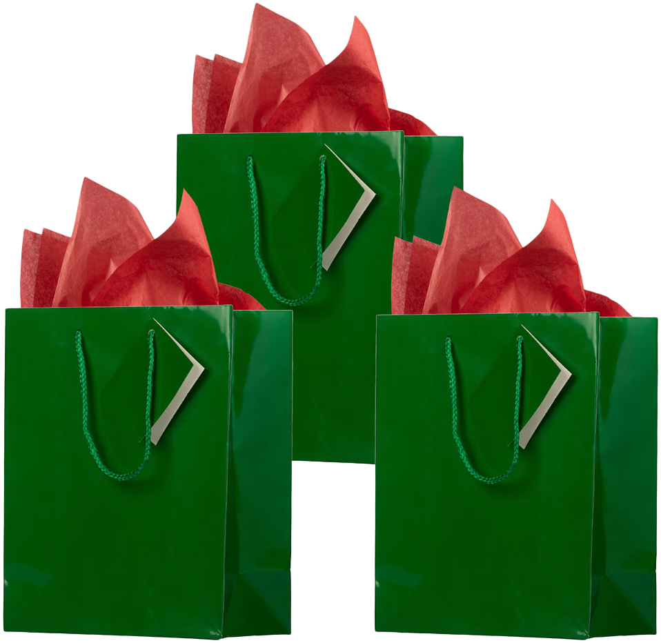 Green/Red Medium Glossy Gift Bags (8 x 10 x 4) (3 Pack) with Tissue Paper (10 Pack)