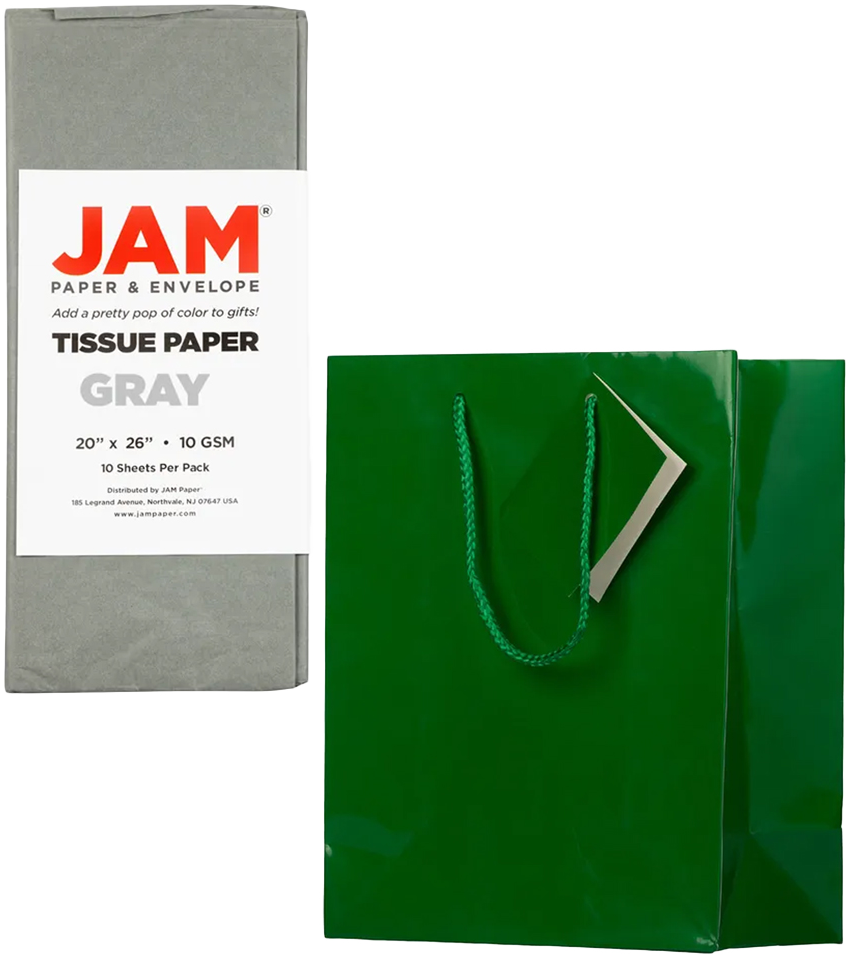 Green/Gray Medium Glossy Gift Bags (8 x 10 x 4) (3 Pack) with Tissue Paper (10 Pack)