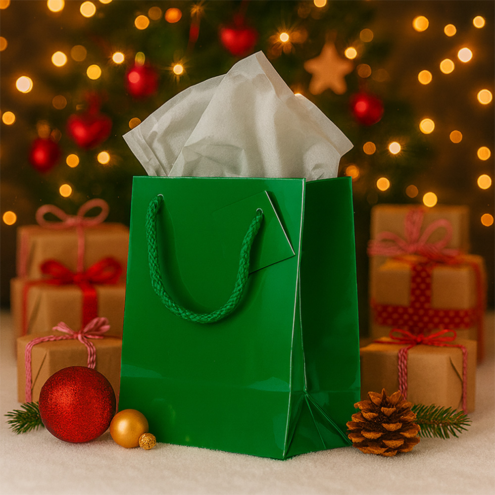 Green/Gray Medium Glossy Gift Bags (8 x 10 x 4) (3 Pack) with Tissue Paper (10 Pack)