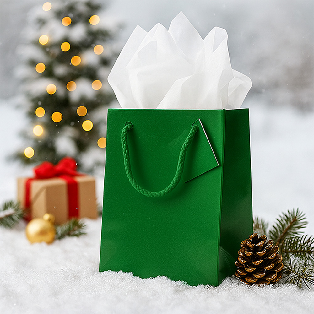 Green/White Medium Glossy Gift Bags (8 x 10 x 4) (3 Pack) with Tissue Paper (10 Pack)