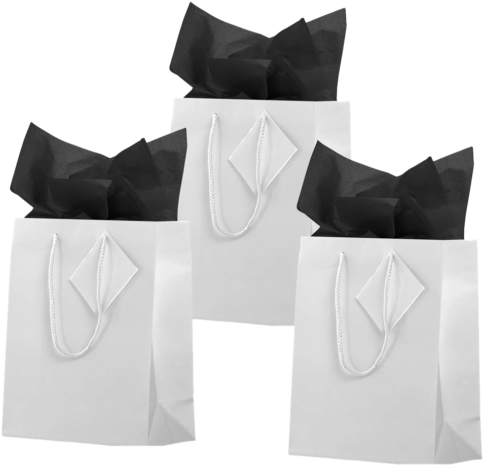 White/Black Medium Glossy Gift Bags (8 x 10 x 4) (3 Pack) with Tissue Paper (10 Pack)