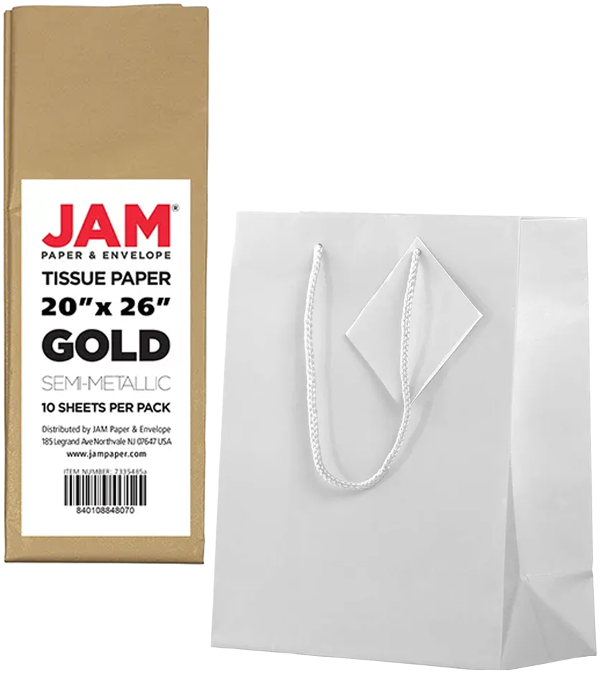 White/Gold Medium Glossy Gift Bags (8 x 10 x 4) (3 Pack) with Tissue Paper (10 Pack)