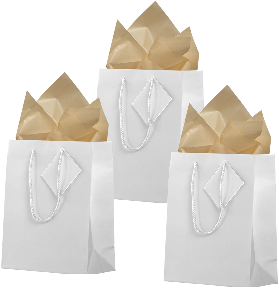 White/Gold Medium Glossy Gift Bags (8 x 10 x 4) (3 Pack) with Tissue Paper (10 Pack)