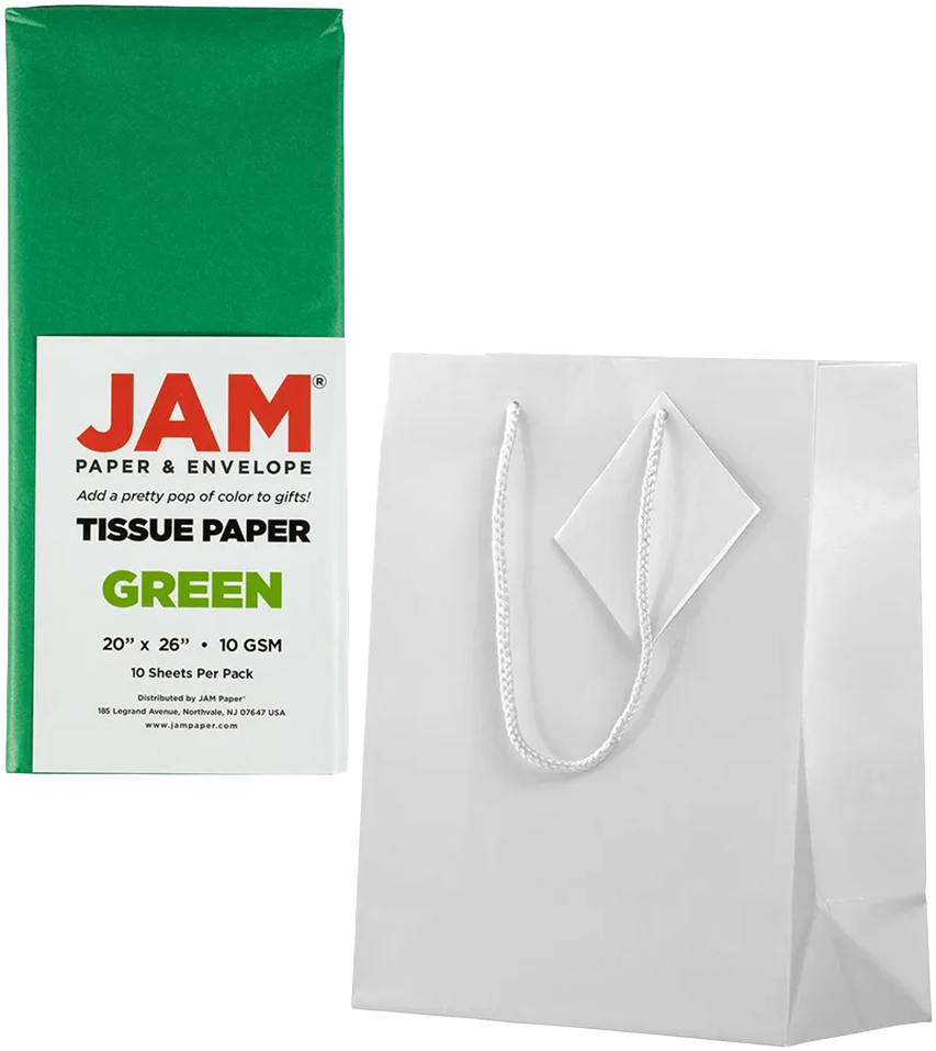 White/Green Medium Glossy Gift Bags (8 x 10 x 4) (3 Pack) with Tissue Paper (10 Pack)