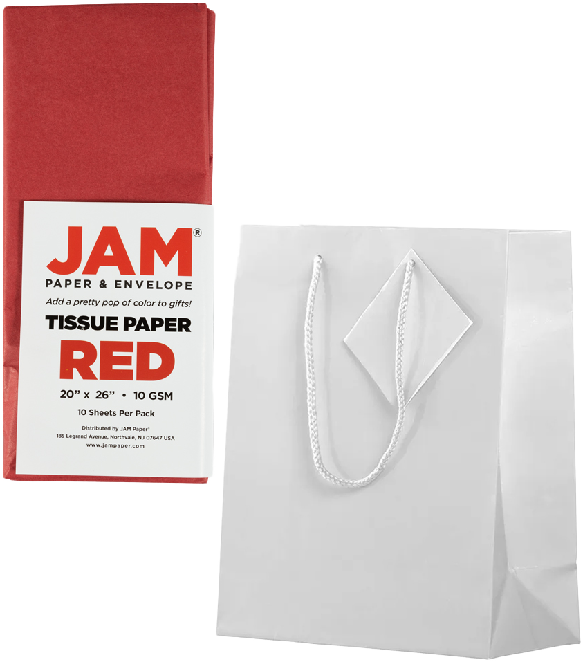 White/Red Medium Glossy Gift Bags (8 x 10 x 4) (3 Pack) with Tissue Paper (10 Pack)