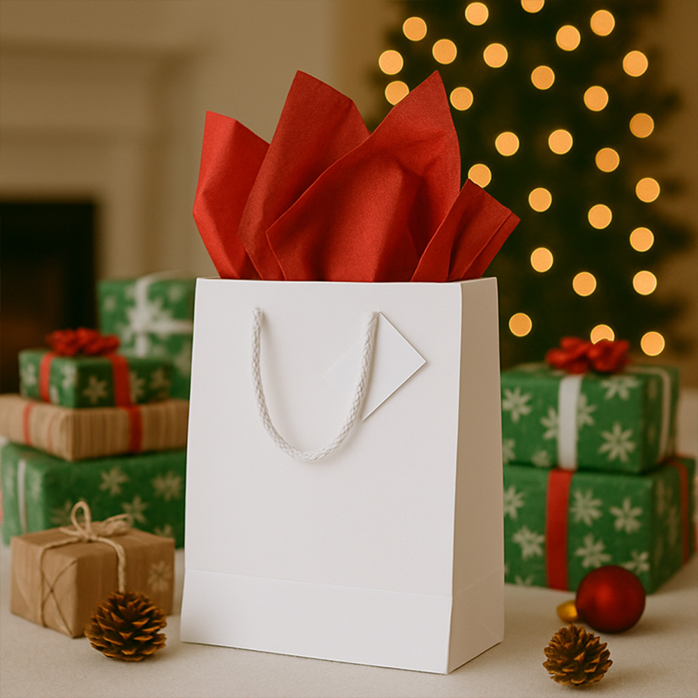 White/Red Medium Glossy Gift Bags (8 x 10 x 4) (3 Pack) with Tissue Paper (10 Pack)