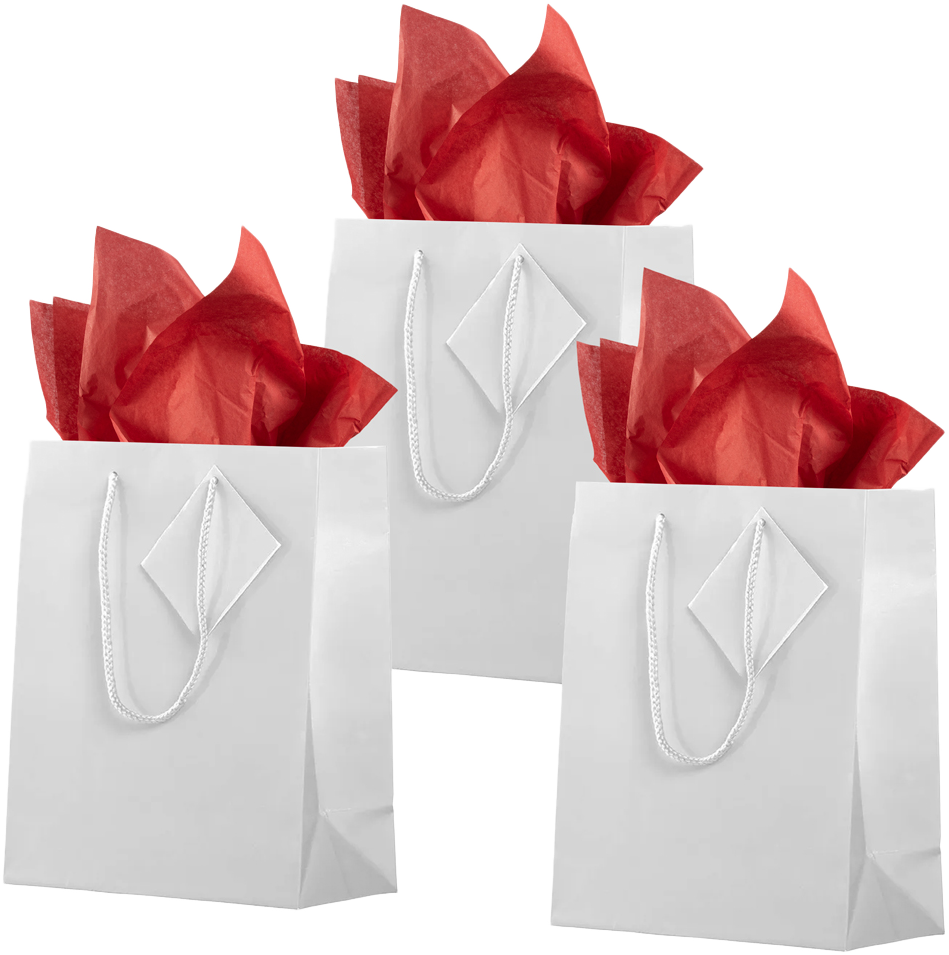 White/Red Medium Glossy Gift Bags (8 x 10 x 4) (3 Pack) with Tissue Paper (10 Pack)