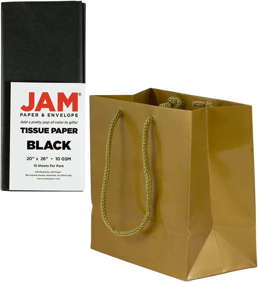 Gold/Black Small Glossy Gift Bags (6 1/2 x 6 1/2 x 3 1/2) (3 Pack) with Tissue Paper (10 Pack)