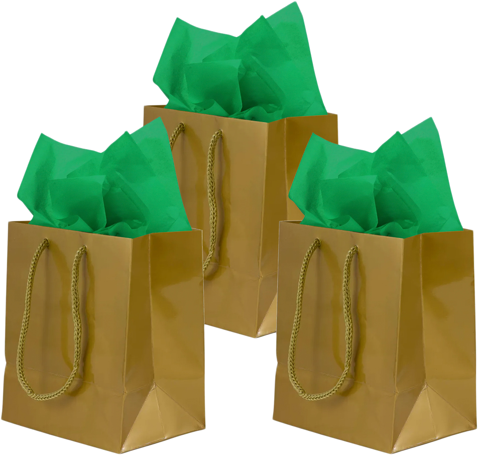 Gold/Green Small Glossy Gift Bags (6 1/2 x 6 1/2 x 3 1/2) (3 Pack) with Tissue Paper (10 Pack)