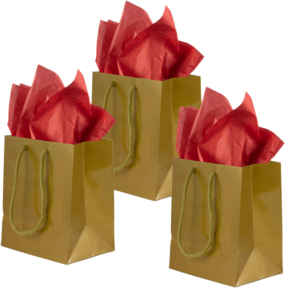 Gold/Red Small Glossy Gift Bags (6 1/2 x 6 1/2 x 3 1/2) (3 Pack) with Tissue Paper (10 Pack)