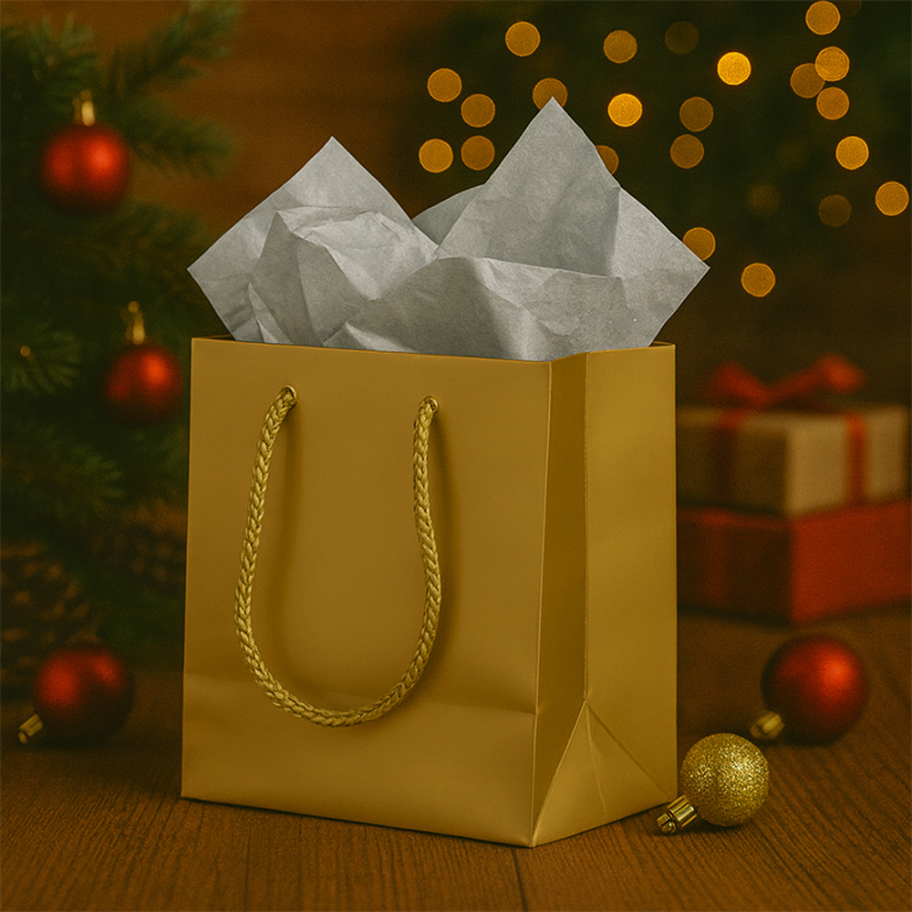 Gold/Gray Small Glossy Gift Bags (6 1/2 x 6 1/2 x 3 1/2) (3 Pack) with Tissue Paper (10 Pack)