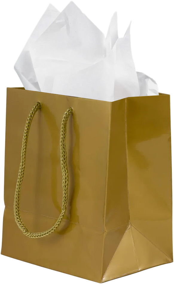Gold/White Small Glossy Gift Bags (6 1/2 x 6 1/2 x 3 1/2) (3 Pack) with Tissue Paper (10 Pack)
