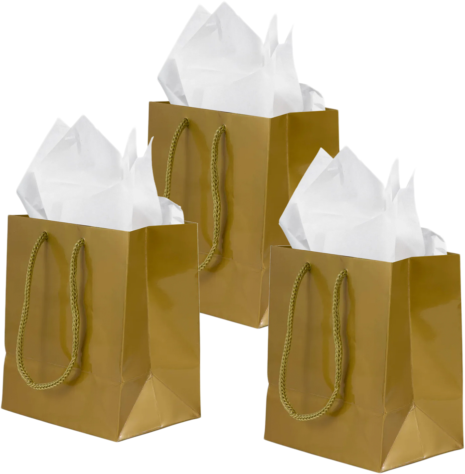 Gold/White Small Glossy Gift Bags (6 1/2 x 6 1/2 x 3 1/2) (3 Pack) with Tissue Paper (10 Pack)