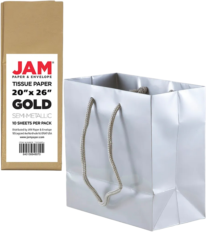 Silver/Gold Small Glossy Gift Bags (6 1/2 x 6 1/2 x 3 1/2) (3 Pack) with Tissue Paper (10 Pack)