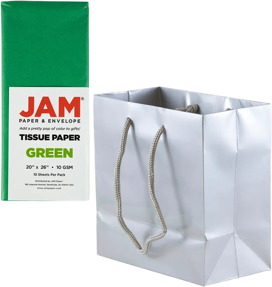 Silver/Green Small Glossy Gift Bags (6 1/2 x 6 1/2 x 3 1/2) (3 Pack) with Tissue Paper (10 Pack)