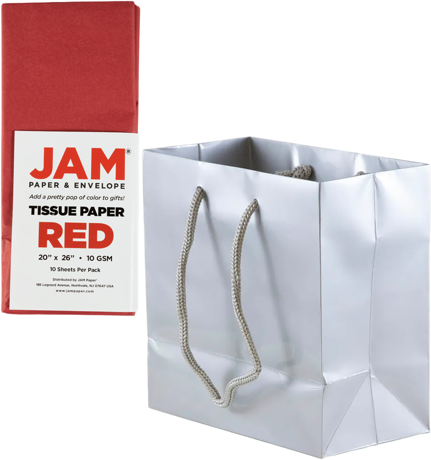 Silver/Red Small Glossy Gift Bags (6 1/2 x 6 1/2 x 3 1/2) (3 Pack) with Tissue Paper (10 Pack)