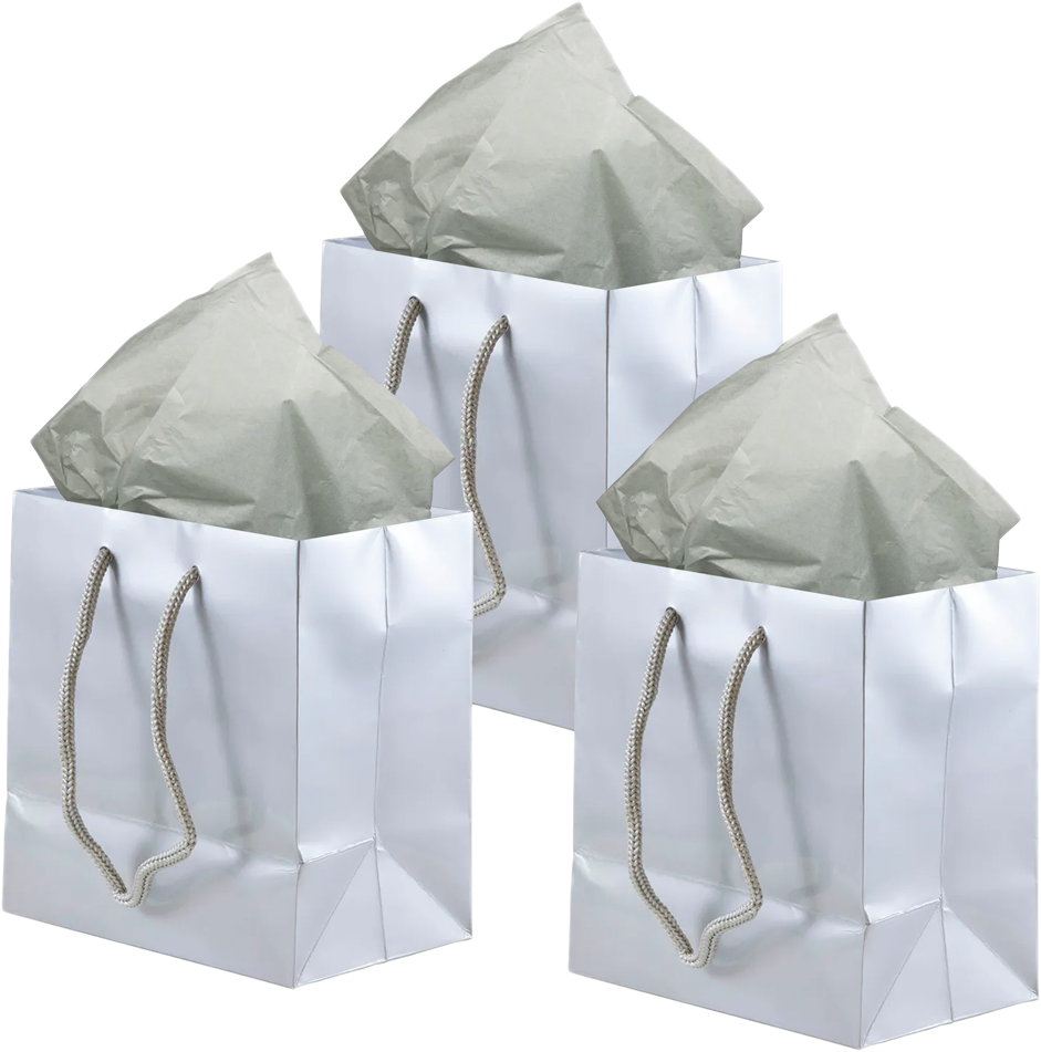 Silver/Gray Small Glossy Gift Bags (6 1/2 x 6 1/2 x 3 1/2) (3 Pack) with Tissue Paper (10 Pack)