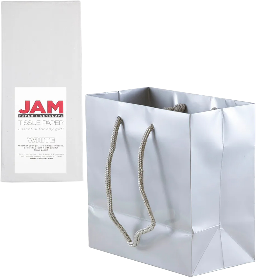Silver/White Small Glossy Gift Bags (6 1/2 x 6 1/2 x 3 1/2) (3 Pack) with Tissue Paper (10 Pack)