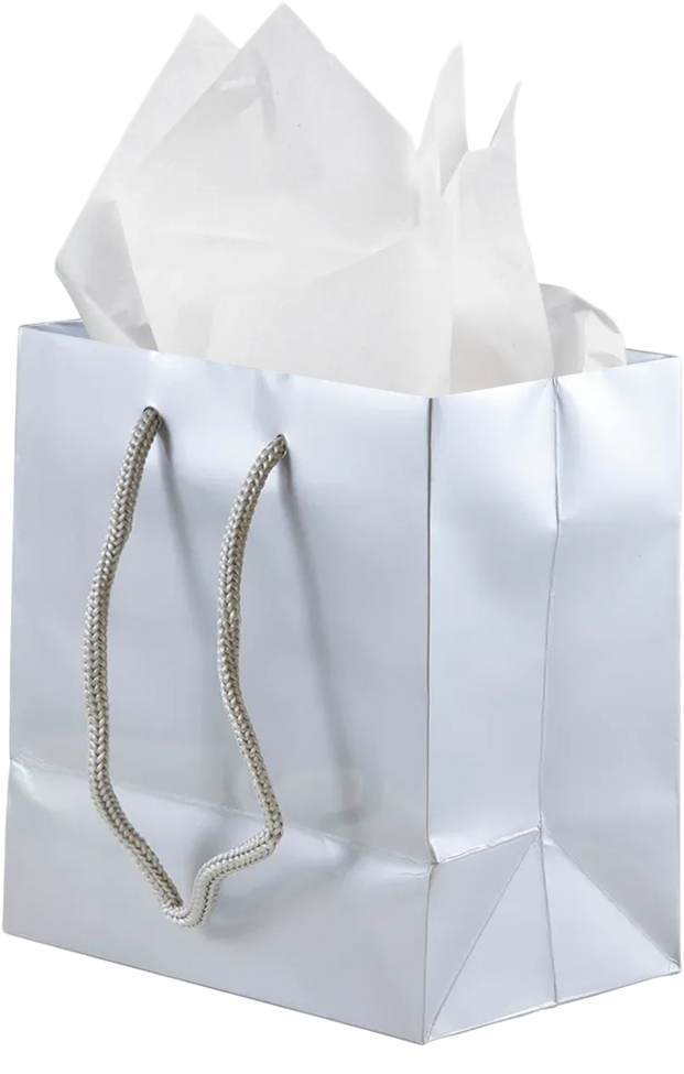 Silver/White Small Glossy Gift Bags (6 1/2 x 6 1/2 x 3 1/2) (3 Pack) with Tissue Paper (10 Pack)