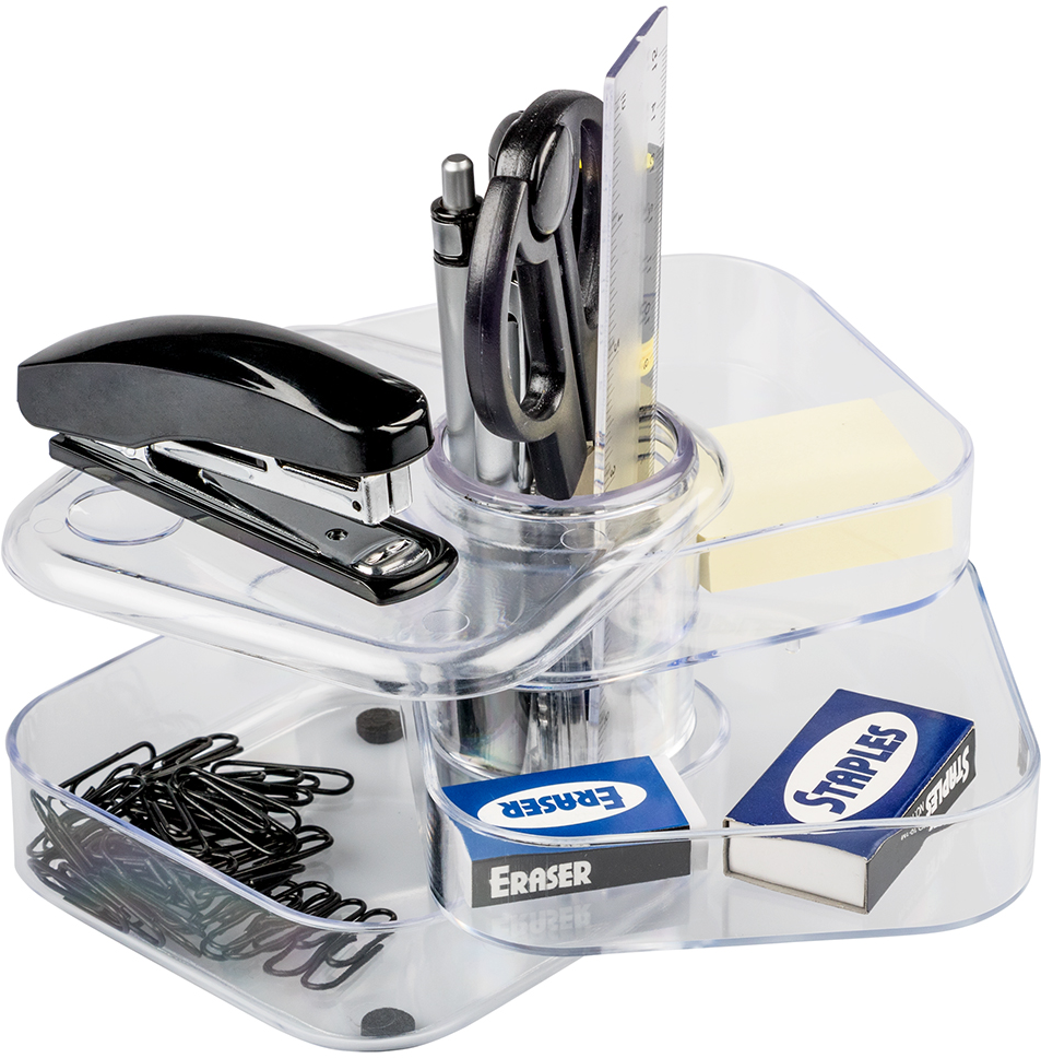 Clear Swivel Desk Organizer and Supplies Set (Organizer, Stapler, Staples, Paper Clips, Ruler, Scissor, Pens, Highlter, and Eraser)