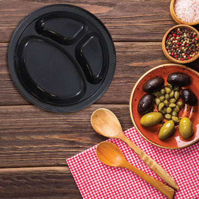 Black Large 3 Compartment Plastic Plates (10 1/4 Inch) - 20 Pack