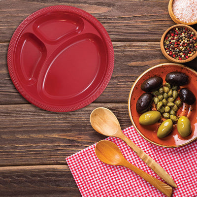 Red Large 3 Compartment Plastic Plates (10 1/4 Inch) - 20 Pack
