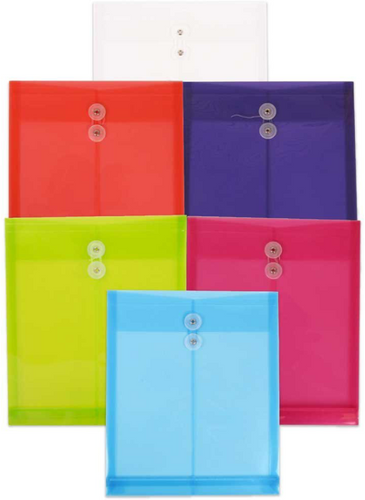 Assorted Letter Open End Plastic Envelopes (9 3/4 x 13) with Button & String - 6 Pack