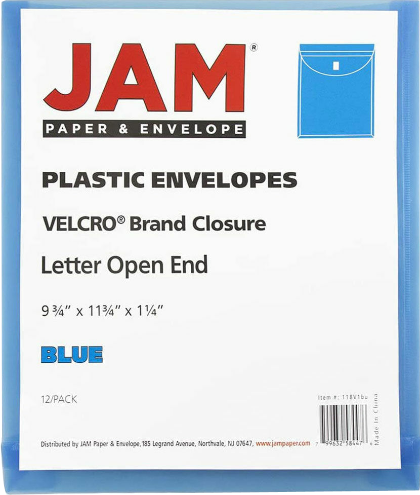 Blue Letter Open End with 1" Expansion Plastic Envelopes (9 3/4 x 11 3/4) with Hook and Loop Closure