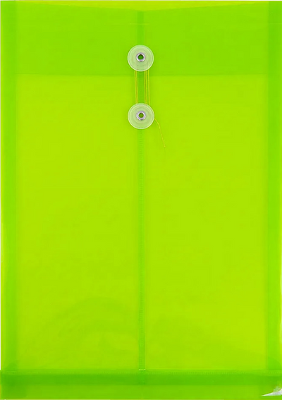 Lime Green Legal Open End Plastic Envelopes (9 3/4 x 14 1/2) with Button & String