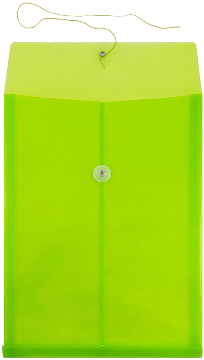 Lime Green Legal Open End Plastic Envelopes (9 3/4 x 14 1/2) with Button & String