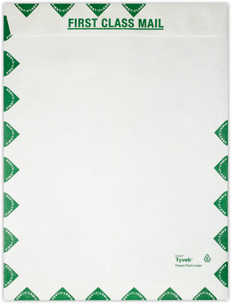 White Tyvek 14lb 9 1/2 x 12 1/2 Open End First Class Envelopes with Peel & Seal