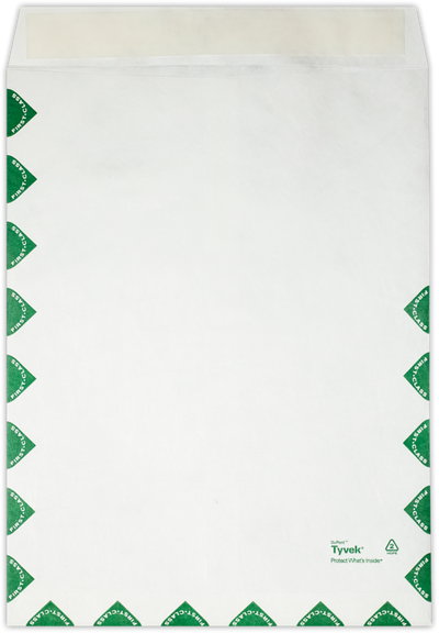 White Tyvek 14lb 9 1/2 x 12 1/2 Open End First Class Envelopes with Peel & Seal