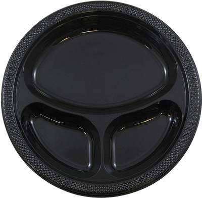 Black Large 3 Compartment Plastic Plates (10 1/4 Inch) - 20 Pack