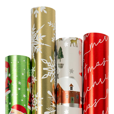 Holographic Merry Christmas Wrapping Paper Set (100 Sq Ft) - 4 Rolls
