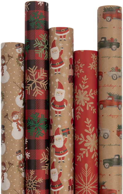 Kraft Christmas Wrapping Paper Set (125 Sq Ft) - 5 Rolls