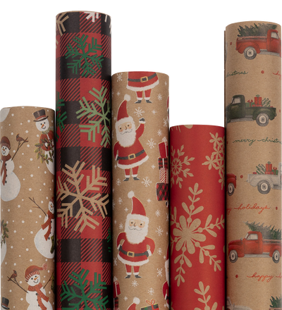 Kraft Christmas Wrapping Paper Set (125 Sq Ft) - 5 Rolls
