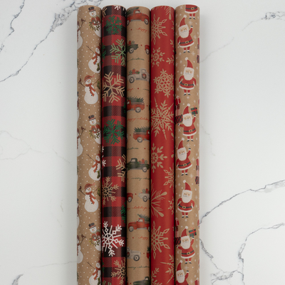 Kraft Christmas Wrapping Paper Set (125 Sq Ft) - 5 Rolls