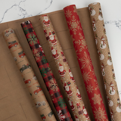 Kraft Christmas Wrapping Paper Set (125 Sq Ft) - 5 Rolls