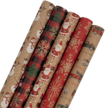 Kraft Christmas Wrapping Paper Set (125 Sq Ft) - 5 Rolls