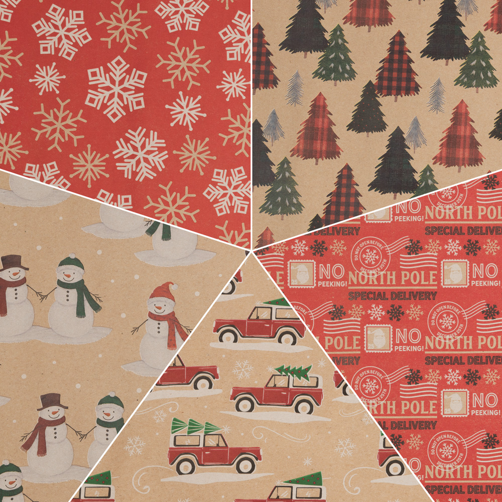 Kids Kraft Christmas Wrapping Paper Set (125 Sq Ft) - 5 Rolls