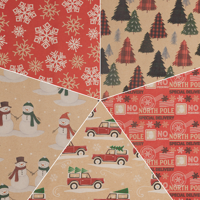 Kids Kraft Christmas Wrapping Paper Set (125 Sq Ft) - 5 Rolls