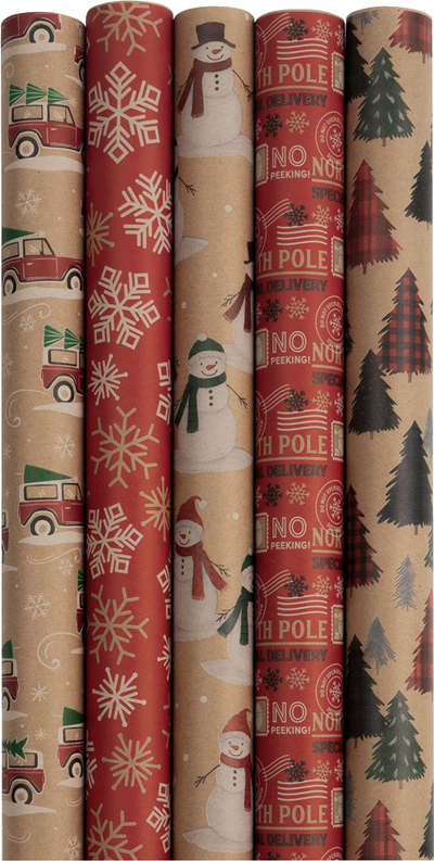 Kids Kraft Christmas Wrapping Paper Set (125 Sq Ft) - 5 Rolls
