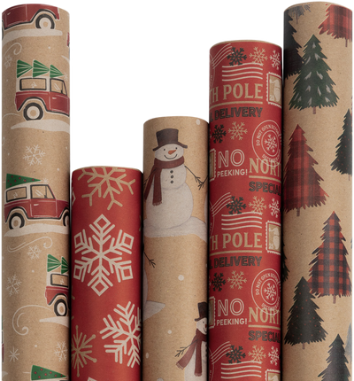 Kids Kraft Christmas Wrapping Paper Set (125 Sq Ft) - 5 Rolls