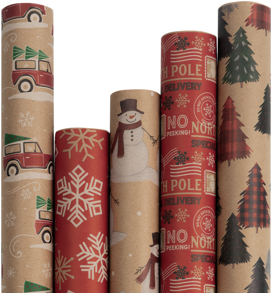 Kids Kraft Christmas Wrapping Paper Set (125 Sq Ft) - 5 Rolls