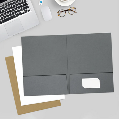 Sterling Gray Linen 9 x 12 Folders with Front Cover Lower Right Card Slits