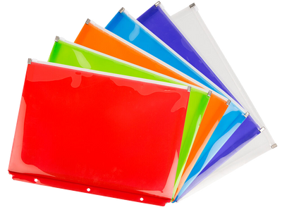 Assorted Letter Booklet 3 Hold Punch Plastic Envelopes (9 3/4 x 13) with Zip Closure - 6 Pack